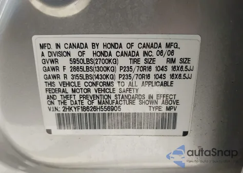 2006 Honda Pilot Ex-L из США, поврежденный, VIN 2HKYF18626H556905